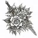A beautiful anime-inspired flower bouquet with a hidden sword among the petals tattoo design idea
