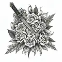 A beautiful anime-inspired flower bouquet with a hidden sword among the petals tattoo design idea