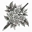 A beautiful anime-inspired flower bouquet with a hidden sword among the petals tattoo design idea