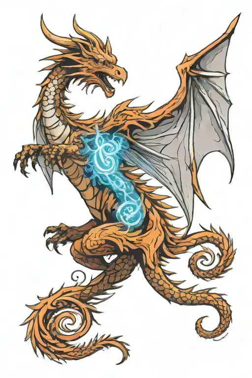 Standing dragon with smoke background angel wings tattoo design idea