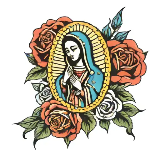 virgen de Guadalupe Mexican with roses tattoo design idea