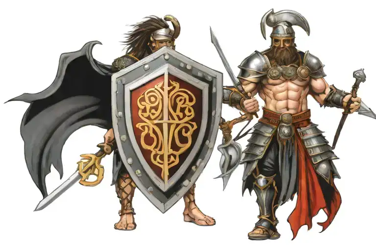 Celtic warrior with armor and trikel shield in 3d tattoo design idea