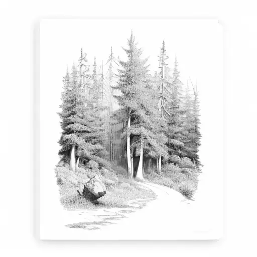 A hiking trail winding through a forest of art supplies tattoo design idea