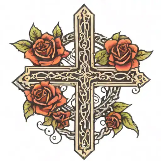 rebar bent into a very complex cross design with roses in the back on there vine tattoo design idea