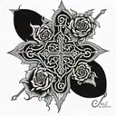 rebar bent into a very complex cross design with intricate patterns and small vibrant roses on vines all over  tattoo design idea