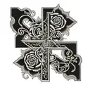 rebar bent into a very complex cross design with intricate patterns and small vibrant roses on vines all over  tattoo design idea