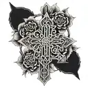 rebar bent into a very complex cross design with intricate patterns and small vibrant roses on vines all over  tattoo design idea