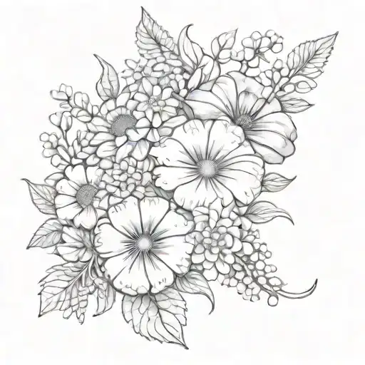 flower bouquet with petunias, zinnias and marigolds  tattoo design idea