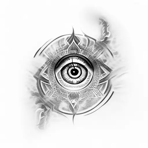 buddah eye with swirling black flames, solid line  tattoo design idea