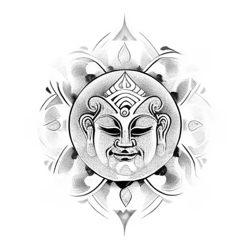 buddah style single eye with swirling black flames, solid line  tattoo design idea