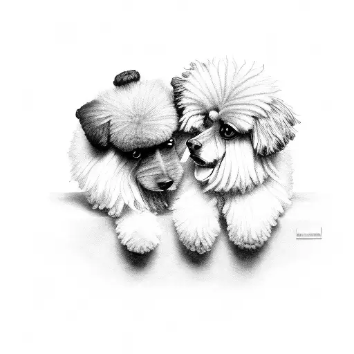 A black and grey portrait of a poodle and pomeranian listening to music tattoo design idea