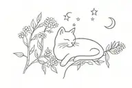 mimosa flowers and cat with stars tattoo design idea