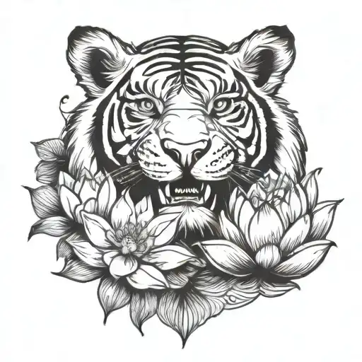 A tattoo design combining a tiger and a lotus flower in a blackwork style tattoo design idea