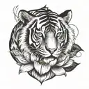 A tattoo design combining a tiger and a lotus flower in a blackwork style tattoo design idea