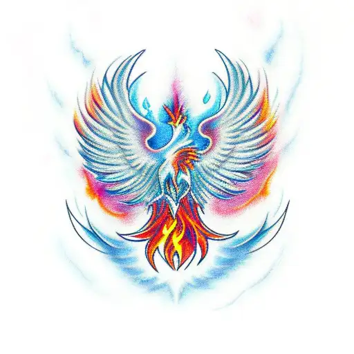 A majestic phoenix rising from a combination of fire and water, inspired by anime aesthetics tattoo design idea