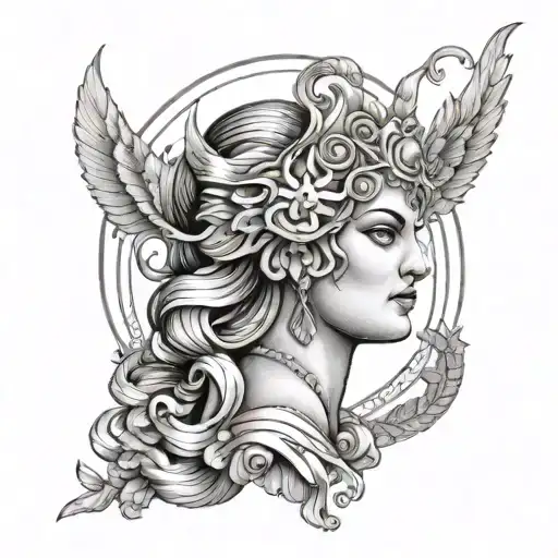 A portrait tattoo of the Greek goddess Hera with Scorpio elements incorporated into the background tattoo design idea
