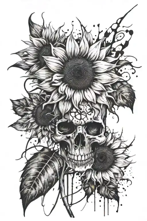 sunflower with skull  tattoo design idea