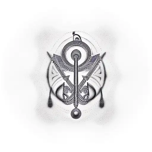 A dotwork tattoo of an Egyptian ankh symbol intertwined with musical notes, symbolizing the client's passion for both ancient mysticism and music. tattoo design idea