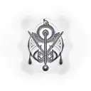 A dotwork tattoo of an Egyptian ankh symbol intertwined with musical notes, symbolizing the client's passion for both ancient mysticism and music. tattoo design idea