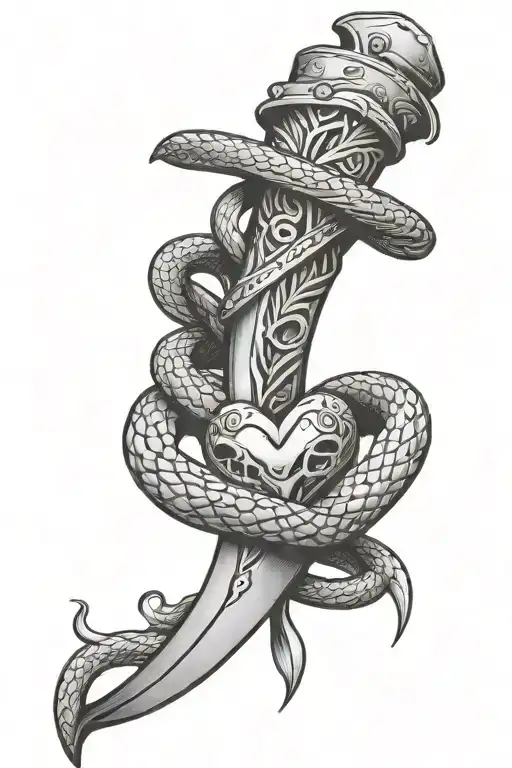 dagger with heart handle wrapped in a snake tattoo design idea
