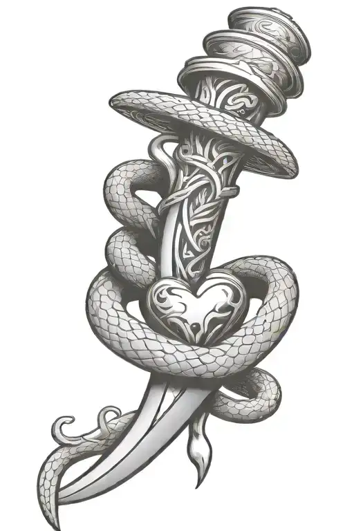 dagger with heart handle wrapped in a snake tattoo design idea