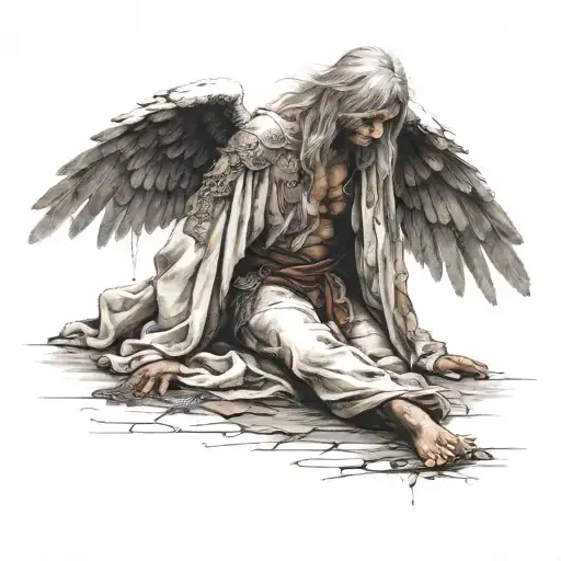 A powerful and battle-worn angel kneeling in his tattered robes tattoo design idea