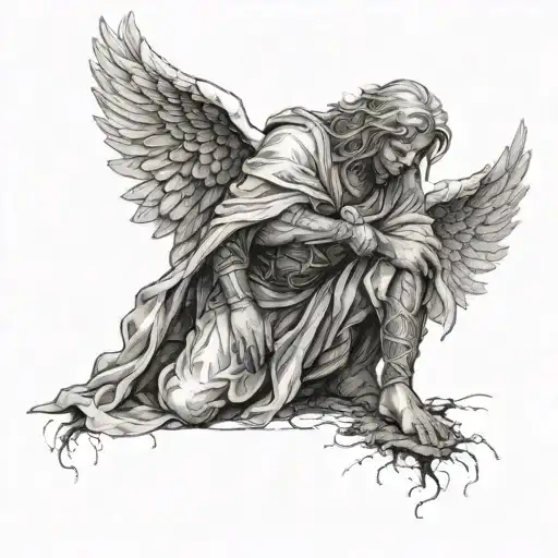 A powerful and battle-worn angel kneeling in his tattered robes tattoo design idea