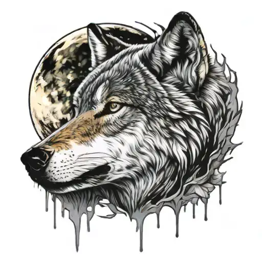 wolf head emerging towards bright shining full moon tattoo design idea