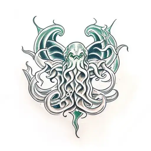 Cthulhu with waves around him tattoo design idea