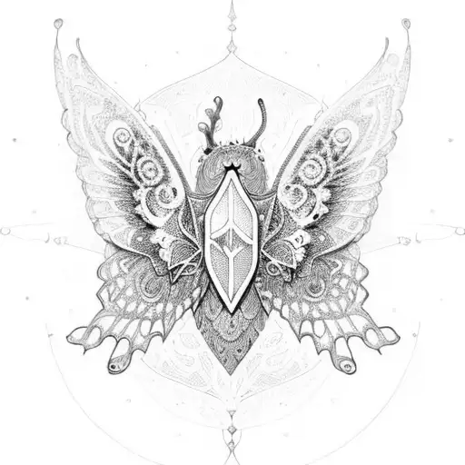 An intricate dotwork design of a cybersecurity shield with butterfly wings, representing protection and freedom tattoo design idea