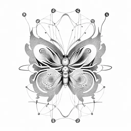 A dotwork sketch of a cybernetic butterfly with intricate circuit patterns, merging technology and nature tattoo design idea