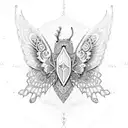 An intricate dotwork design of a cybersecurity shield with butterfly wings, representing protection and freedom tattoo design idea