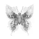 An intricate dotwork design of a cybersecurity shield with butterfly wings, representing protection and freedom tattoo design idea