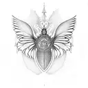 An intricate dotwork design of a cybersecurity shield with butterfly wings, representing protection and freedom tattoo design idea