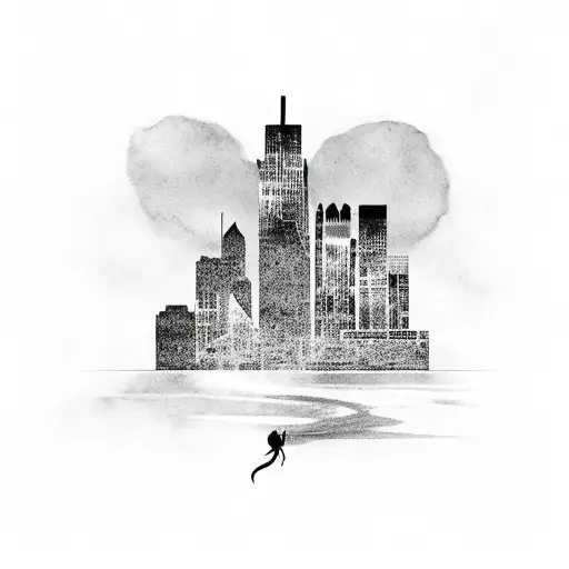 A music note with a silhouette of Detroit skyline tattoo design idea