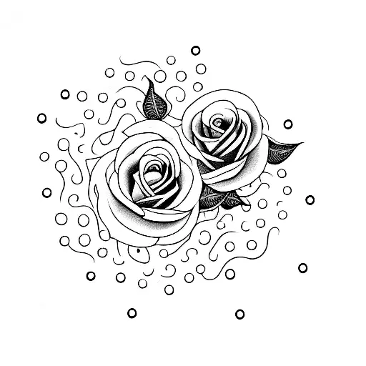 A dotwork tattoo of a rose with bullet casings falling around it, forming the shape of a moon tattoo design idea