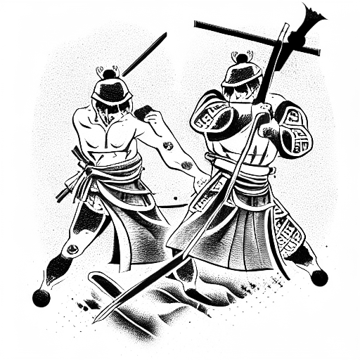 2 wounded samurai defeating an enemy tattoo design idea