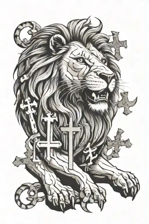 lion in front of biblical crosses horizontally a scar tattoo design idea