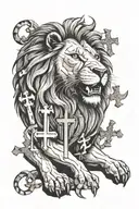 lion in front of biblical crosses horizontally a scar tattoo design idea