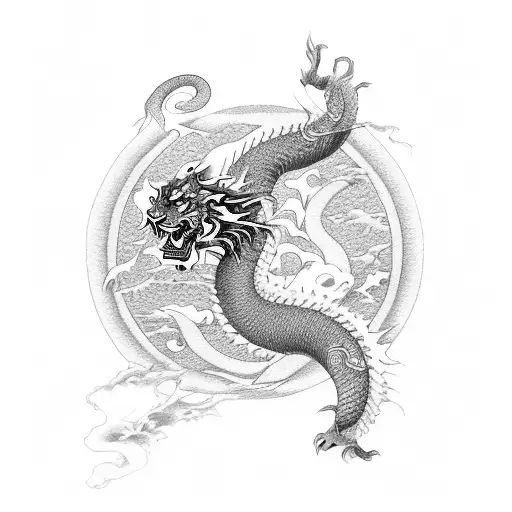 Japanese dragon, tiger, and white crane, with uechi ryu symbol at base tattoo design idea