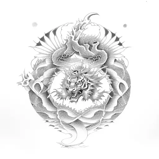 Dotwork "Japanese Dragon, Tiger, And White..." Tattoo Idea BlackInk AI