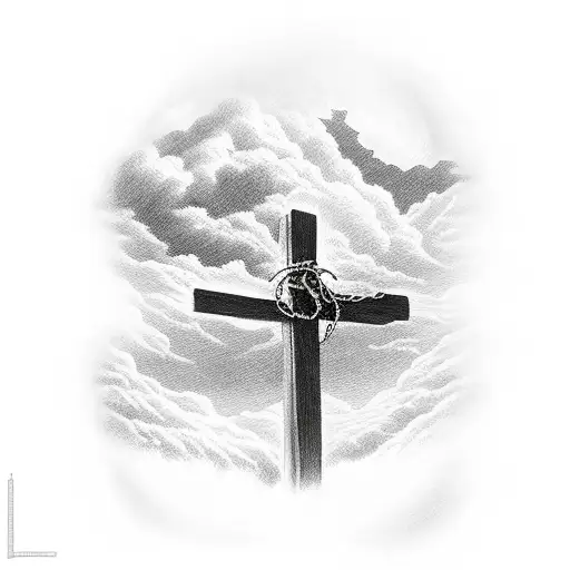 Jesus on cross on the mountain with lion  tattoo design idea