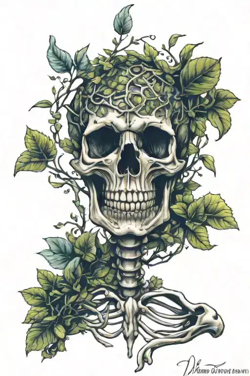 skeleton body made of vines, tree foliage mushrooms tattoo design idea