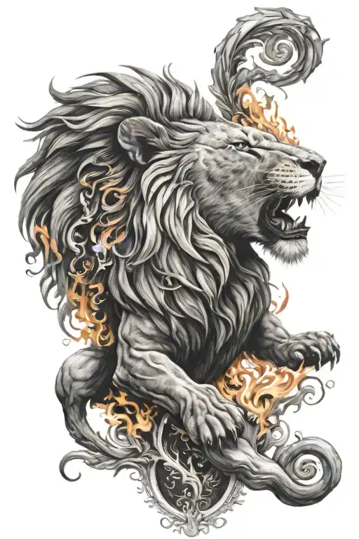 black and white strength tattoo with lion and fire feminine  tattoo design idea