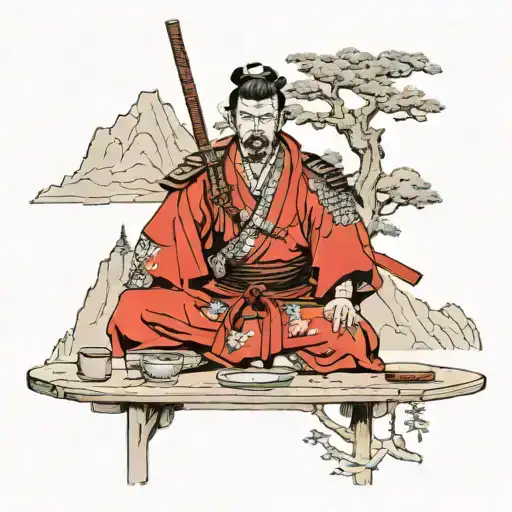 samurai warrior in front of table on mountain peak tattoo design idea
