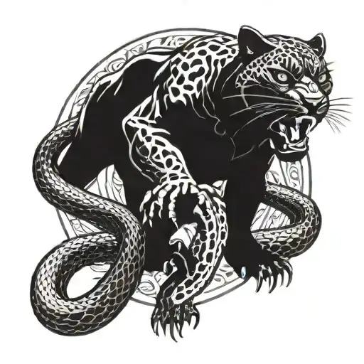 A black panther fights a snake in full growth tattoo design idea
