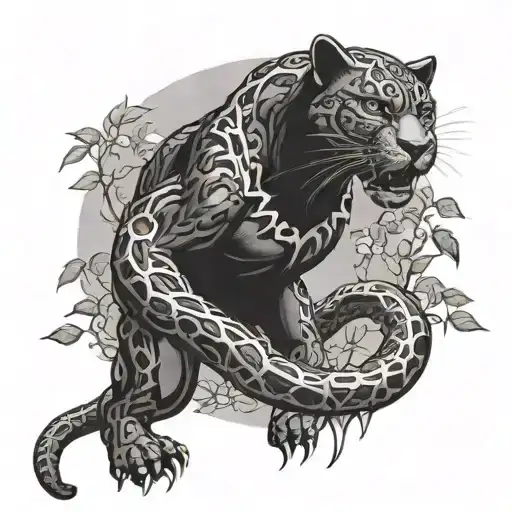 A black panther fights a snake in full growth tattoo design idea
