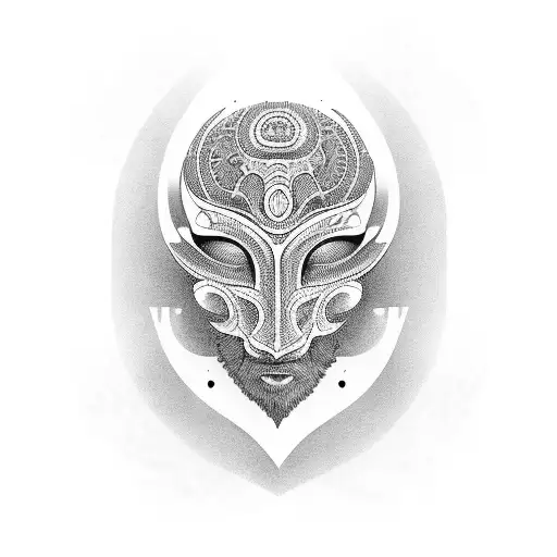 A detailed black and gray tattoo of a tribal mask surrounded by intricate patterns inspired by African art tattoo design idea