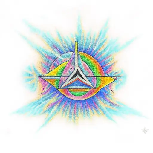 A traditional tattoo design depicting a psychedelic landscape with a pink Floyd album cover integrated into the scenery tattoo design idea