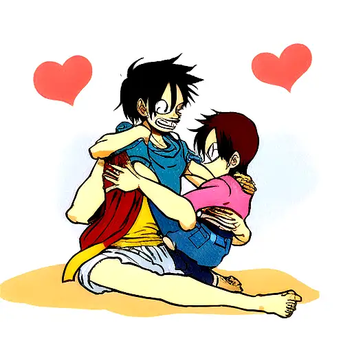 Anime drawing of a girl hugging luffy from one piece